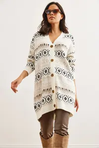Olalook Women's Ecru Ethnic Patterned Oversize Knitwear Cardigan - Image 2