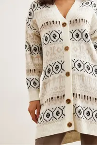 Olalook Women's Ecru Ethnic Patterned Oversize Knitwear Cardigan - Image 6