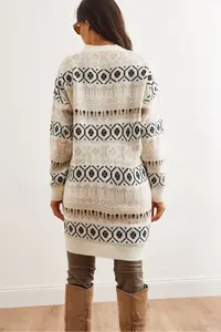 Olalook Women's Ecru Ethnic Patterned Oversize Knitwear Cardigan - Image 7