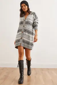 Olalook Women's Gray Ethnic Patterned Oversize Knitwear Cardigan