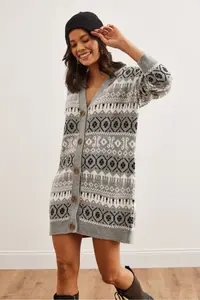 Olalook Women's Gray Ethnic Patterned Oversize Knitwear Cardigan - Image 2