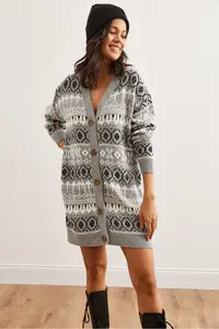 Olalook Women's Gray Ethnic Patterned Oversize Knitwear Cardigan - Image 3