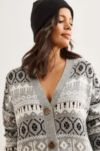 Olalook Women's Gray Ethnic Patterned Oversize Knitwear Cardigan - Image 4