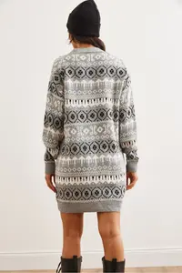 Olalook Women's Gray Ethnic Patterned Oversize Knitwear Cardigan - Image 5