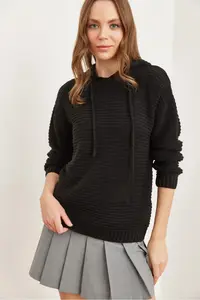 Olalook Women Black Hooded Knitwear Sweater - Image 2