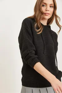 Olalook Women Black Hooded Knitwear Sweater - Image 4