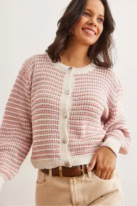 Olalook Women's Dusty Rose Buttoned Striped Crop Knitwear Cardigan
