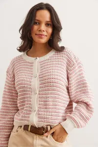 Olalook Women's Dusty Rose Buttoned Striped Crop Knitwear Cardigan - Image 2