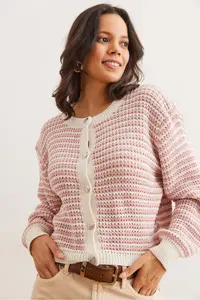 Olalook Women's Dusty Rose Buttoned Striped Crop Knitwear Cardigan - Image 3