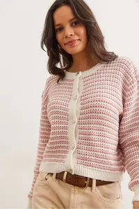Olalook Women's Dusty Rose Buttoned Striped Crop Knitwear Cardigan - Image 4