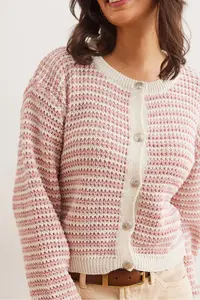 Olalook Women's Dusty Rose Buttoned Striped Crop Knitwear Cardigan - Image 5