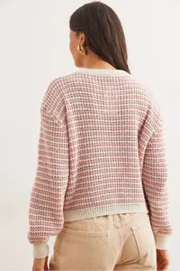 Olalook Women's Dusty Rose Buttoned Striped Crop Knitwear Cardigan - Image 6