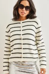 Olalook Women's White Shawl Buttoned Striped Knitwear Cardigan