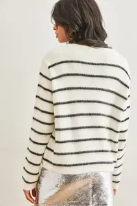 Olalook Women's White Shawl Buttoned Striped Knitwear Cardigan - Image 3