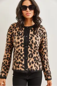 Olalook Women's Black Camel Buttoned Shawl Knitwear Leopard Cardigan