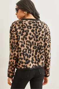 Olalook Women's Black Camel Buttoned Shawl Knitwear Leopard Cardigan - Image 3