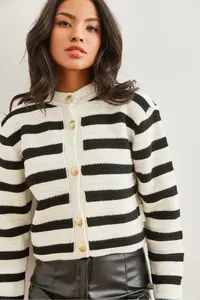 Olalook Women's White Honeycomb Knitted Striped Knitwear Cardigan