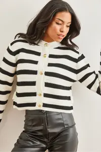 Olalook Women's White Honeycomb Knitted Striped Knitwear Cardigan - Image 2