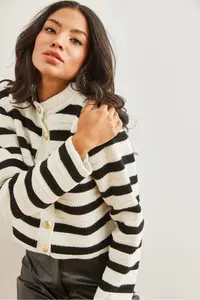 Olalook Women's White Honeycomb Knitted Striped Knitwear Cardigan - Image 3