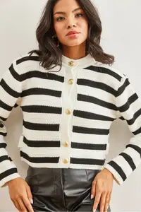 Olalook Women's White Honeycomb Knitted Striped Knitwear Cardigan - Image 4