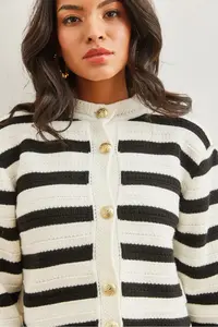 Olalook Women's White Honeycomb Knitted Striped Knitwear Cardigan - Image 5