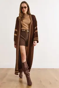 Olalook Women's Bitter Brown Stripe Detailed Maxi Oversize Knitwear Cardigan