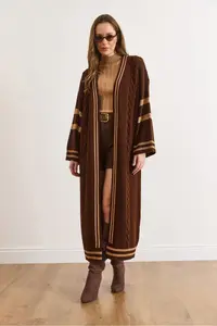 Olalook Women's Bitter Brown Stripe Detailed Maxi Oversize Knitwear Cardigan - Image 2
