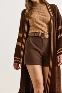 Olalook Women's Bitter Brown Stripe Detailed Maxi Oversize Knitwear Cardigan - Image 3