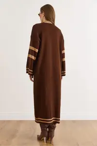 Olalook Women's Bitter Brown Stripe Detailed Maxi Oversize Knitwear Cardigan - Image 4
