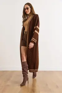 Olalook Women's Bitter Brown Stripe Detailed Maxi Oversize Knitwear Cardigan - Image 5