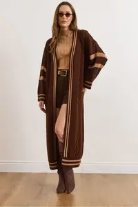 Olalook Women's Bitter Brown Stripe Detailed Maxi Oversize Knitwear Cardigan - Image 6