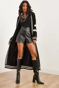 Olalook Women's Black Stripe Detailed Maxi Oversize Knitwear Cardigan