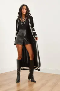 Olalook Women's Black Stripe Detailed Maxi Oversize Knitwear Cardigan - Image 3