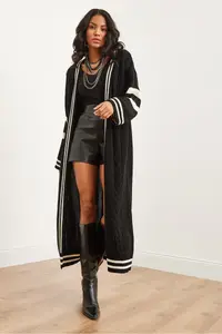 Olalook Women's Black Stripe Detailed Maxi Oversize Knitwear Cardigan - Image 4