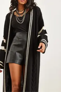 Olalook Women's Black Stripe Detailed Maxi Oversize Knitwear Cardigan - Image 5
