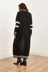 Olalook Women's Black Stripe Detailed Maxi Oversize Knitwear Cardigan - Image 6