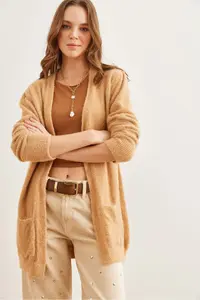Olalook Women's Soft Textured Beard Cardigan with Camel Pocket - Image 2