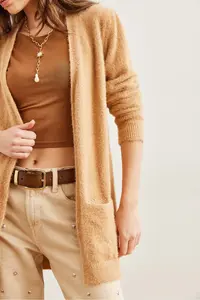 Olalook Women's Soft Textured Beard Cardigan with Camel Pocket - Image 6