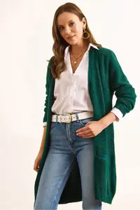 Olalook Women's Emerald Green Soft Textured Beard Cardigan with Pockets