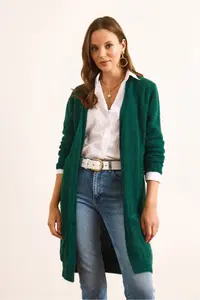 Olalook Women's Emerald Green Soft Textured Beard Cardigan with Pockets - Image 3