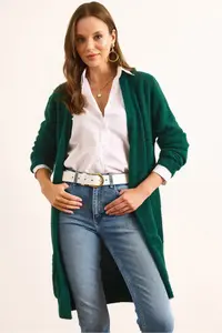 Olalook Women's Emerald Green Soft Textured Beard Cardigan with Pockets - Image 4