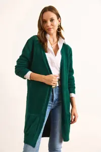 Olalook Women's Emerald Green Soft Textured Beard Cardigan with Pockets - Image 6