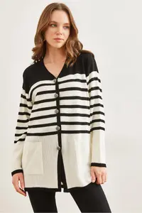Olalook Women's Black Striped Metal Buttoned Knitwear Cardigan - Image 2