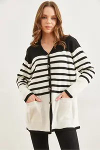 Olalook Women's Black Striped Metal Buttoned Knitwear Cardigan - Image 3