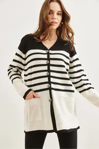 Olalook Women's Black Striped Metal Buttoned Knitwear Cardigan - Image 4