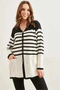 Olalook Women's Black Striped Metal Buttoned Knitwear Cardigan - Image 5