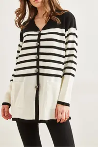 Olalook Women's Black Striped Metal Buttoned Knitwear Cardigan - Image 6