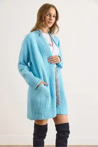 Olalook Women's Baby Blue Pocket Collar Detailed Soft Textured Knitwear Cardigan - Image 6