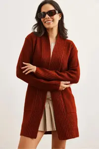 Olalook Women's Tile Pocket Collar Detailed Soft Textured Knitwear Cardigan