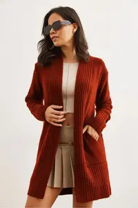 Olalook Women's Tile Pocket Collar Detailed Soft Textured Knitwear Cardigan - Image 2